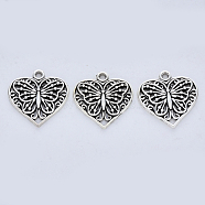 Tibetan Style Alloy Pendants, Cadmium Free & Lead Free, Heart with Butterfly, Antique Silver, 23x22x2mm, Hole: 2mm(X-TIBE-R316-108AS-RS)