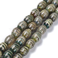 Tibetan Style dZi Beads Strands, Natural Agate Beads, Dyed & Heated, Oval, Striped Pattern, 13~14x9.5~10mm, Hole: 1.2mm, about 25pcs/strand, 13.39''(34cm)(TDZI-E005-01O)