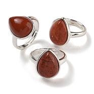 Natural Red Jasper Teardrop Adjustable Rings, Lead Free & Cadmium Free, Silver Plated Brass Finger Rings for Women Men, Teardrop: 18.5x14mm, Inner Diameter: 18mm(RJEW-K371-08S-19)