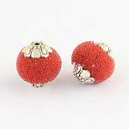 Round Handmade Indonesia Beads, with , Antique Silver Metal Color Alloy Cores, Red, 13~15x13~14mm, Hole: 1.5mm(IPDL-R404-04)