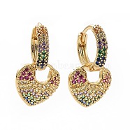 Colorful Cubic Zirconia Heart Padlock Dangle Hoop Earrings, Brass Jewelry for Women, Golden, 22mm, Pin: 0.8mm(EJEW-I280-03G)