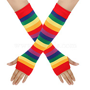 Acrylic Fiber Yarn Knitting Fingerless Gloves, Rainbow Strip Pattern Long Elastic Winter Warm Gloves with Thumb Hole, Colorful, 300~330x90mm(COHT-PW0002-03C)