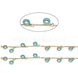 Brass Bar Link Chains, with Enamel Charms and Spool, Soldered, Long-Lasting Plated, Donut, Real 18K Gold Plated, Turquoise, 15x1mm, about 32.8 Feet(10m)/roll(CHC-I027-10B)
