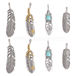 Alloy Big Pendants, with Synthetic Turquoise, Feather, Antique Silver & Antique Golden, 48~63x14~16x7~8mm, Hole: 7.5x4.5mm, 4pcs/set, 2 sets/box(FIND-GF0004-16)
