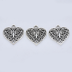 Tibetan Style Alloy Pendants, Cadmium Free & Lead Free, Heart with Butterfly, Antique Silver, 23x22x2mm, Hole: 2mm(X-TIBE-R316-108AS-RS)