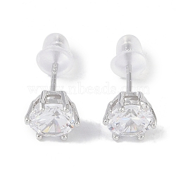 Rhodium Plated 999 Sterling Silver Cubic Zirconia Stud Earrings for Women, with 999 Stamp, Platinum, 7mm(EJEW-S215-20P)