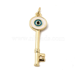 Brass Enamel Pendants, Key with Evil Eye Charms, Long-Lasting Plated, Rack Plating, Lead Free & Cadmium Free, Real 18K Gold Plated, 30.5x10x2.5mm, Jump Ring: 5x0.8mm, 3.4mm inner diameter(KK-H267-084G)