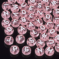 Transparent Acrylic Beads, Horizontal Hole, Mixed Letters, Flat Round, Pink, 7x4mm, Hole: 1.5mm, about 370pcs/50g(X-TACR-N002-04J)