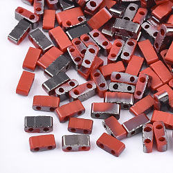 (Holiday Stock-Up Sale)Electroplate Opaque Glass Seed Beads, 2-Hole, Rectangle, Red, 4.5~5.5x2x2~2.5mm, Hole: 0.5~0.8mm(SEED-S023-18B-02B)