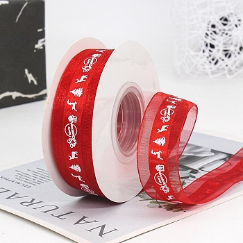 22M Christmas Printed Organza Ribbons, Flat, Red, 1 inch(25mm), about 24.06 Yards(22m)/Roll