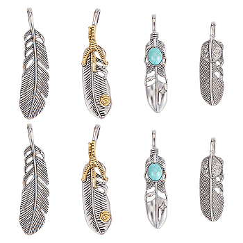 Alloy Big Pendants, with Synthetic Turquoise, Feather, Antique Silver & Antique Golden, 48~63x14~16x7~8mm, Hole: 7.5x4.5mm, 4pcs/set, 2 sets/box