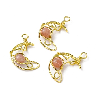 Natural Sunstone Pendants, Moon Charms, with Rack Plating Golden Tone Brass Findings, Cadmium Free & Lead Free, 31.5~33x22x8.5mm, Hole: 2.5~3mm
