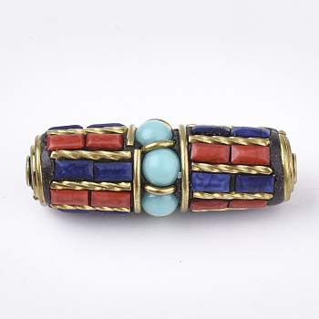 Handmade Indonesia Beads, with Brass Findings, Oval, Golden, Colorful, 33.5x13mm, Hole: 2mm