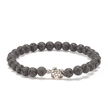 Natural Lava Rock Stretch Bracelet with Alloy Turtle Beaded, Essential Oil Gemstone Jewelry for Women, Inner Diameter: 2-1/8 inch(5.3cm)