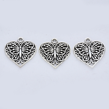 Tibetan Style Alloy Pendants, Cadmium Free & Lead Free, Heart with Butterfly, Antique Silver, 23x22x2mm, Hole: 2mm