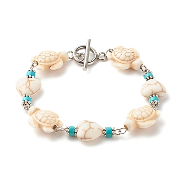Heart & Tortoise Synthetic Turquoise(Dyed) Beaded Bracelet, Lucky Bracelet for Women, Platinum, WhiteSmoke, 7-5/8 inch(19.5cm)