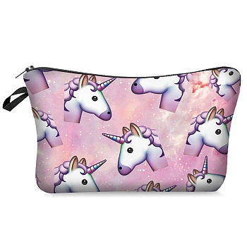Unicorn Pattern Polyester Waterpoof Makeup Storage Bag, Multi-functional Travel Toilet Bag, Clutch Bag with Zipper for Women, Pearl Pink, 22x13.5cm