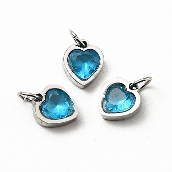 304 Stainless Steel Pendants, with Cubic Zirconia and Jump Rings, Single Stone Charms, Heart, Stainless Steel Color, Dark Turquoise, 9x8x3mm, Hole: 3.6mm