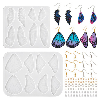 Pandahall 2Pcs 2 Style Wing Earring Pendant Silicone Molds, Resin Casting Molds, with 40Pcs Brass Earring Hooks, 60Pcs Iron Jump Rings and 50Pcs Plastic Ear Nuts, White, 110~125x102~162x5mm, 1Pc/style