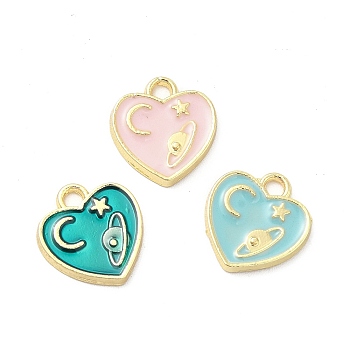 Alloy Enamel Pendants, Light Gold, Heart with Moon and Star Charm, Mixed Color, 12.3x11.5x1.6mm, Hole: 1.6mm