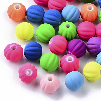 Spray Painted Acrylic Beads, Rubberized Style, Corrugated Beads, Round, Mixed Color, 8x7.5mm, Hole: 2mm, about 1600pcs/500g