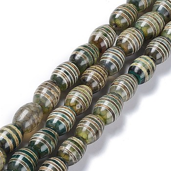 Tibetan Style dZi Beads Strands, Natural Agate Beads, Dyed & Heated, Oval, Striped Pattern, 13~14x9.5~10mm, Hole: 1.2mm, about 25pcs/strand, 13.39''(34cm)