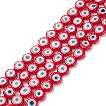 Handmade Evil Eye Lampwork Flat Round Bead Strands, Red, 10x4mm, Hole: 1mm, about 38pcs/strand, 14.96 inch