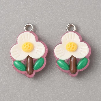 Translucent Resin Pendants, Flower Charms, with Platinum Tone Iron Loops, White, 18x14.5x8mm, Hole: 2mm
