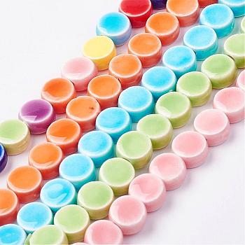 Handmade Porcelain Beads, Bright Glazed Porcelain, Flat Round, Mixed Color, 8~9x5mm, Hole: 2mm, about 40pc/strand, 12.56 inch(31.9cm)