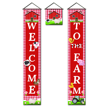 Polyester Hanging Sign for Home Office Front Door Porch Decorations, Rectangle & Square, Word Welcome To The Farm, Red, 180x30cm and 30x30cm, 3pcs/set