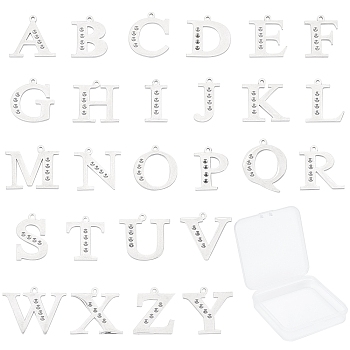 SUNNYCLUE 304 Stainless Steel Letter Pendant Rhinestone Settings, Alphabet, Letter A~Z, Stainless Steel Color, Letter A~Z, 26pcs/box