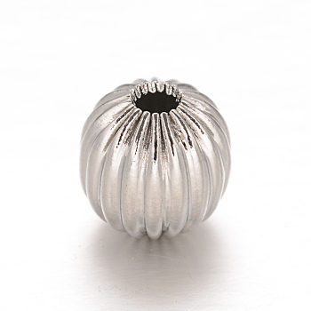 Round 304 Stainless Steel Corrugated Beads, Stainless Steel Color, 8mm, Hole: 2mm