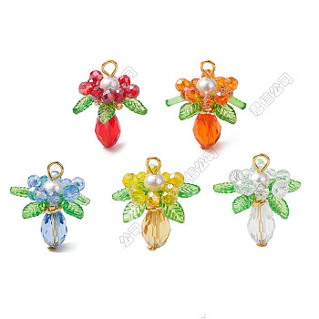 10Pcs 5 Colors Glass Pendants, Flower, with Round Shell Pearl and Acrylic Charms & Golden Brass Loop, Mixed Color, 27x22mm, Hole: 4x3mm, 2pcs/color