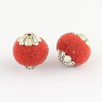 Round Handmade Indonesia Beads, with , Antique Silver Metal Color Alloy Cores, Red, 13~15x13~14mm, Hole: 1.5mm