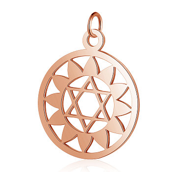 304 Stainless Steel Pendants, Chakra, Anahata, for Jewish, Flat Round with Flower & Star of David, Rose Gold, 22.5x19x1mm, Hole: 3mm