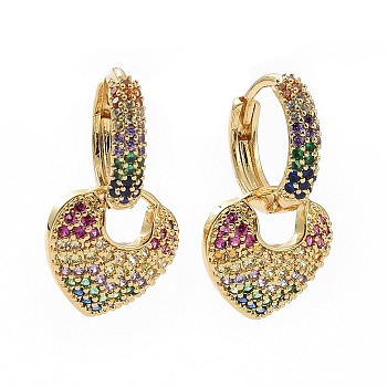 Colorful Cubic Zirconia Heart Padlock Dangle Hoop Earrings, Brass Jewelry for Women, Golden, 22mm, Pin: 0.8mm