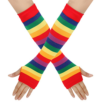 Acrylic Fiber Yarn Knitting Fingerless Gloves, Rainbow Strip Pattern Long Elastic Winter Warm Gloves with Thumb Hole, Colorful, 300~330x90mm