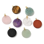 Natural Mixed Gemstone Pendants, Flat Round Shape Charms with Golden Tone Brass Bails, 19~20.5x16~16.3x3.5~4.8mm, Hole: 6x3mm(G-K385-17G)