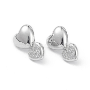 Heart Rack Plating Brass Cubic Zirconia Stud Earrings for Women, Long-Lasting Plated, Lead Free & Cadmium Free, Platinum, 24.5x16x5mm, Pin: 0.8mm(EJEW-K245-14P)