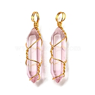 Glass Pendant, with Golden Brass Wire Findings, Bullet Charms, Pink, 41~43x8.5~10x10mm, Hole: 5mm(GLAA-H029-06G-07)