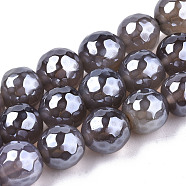 Electroplate Natural Agate Beads Strands, Dyed, Faceted, Pearl Luster Plated, Round, Rosy Brown, 10.5mm, Hole: 1.2mm, about 36~37pcs/strand, 14.37 inch~14.57 inch(36.5cm~37cm)(G-T131-55-30)