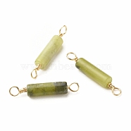 Natural Taiwan Jade Connector Charms, with Light Gold Eco-Friendly Copper Wire Wrapped, Column, 22~23.5x4mm, Hole: 2.2~2.4mm(PALLOY-JF01454-06)