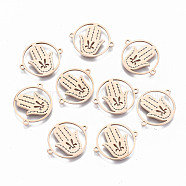 304 Stainless Steel Links Connectors, Laser Cut, for Religion, Flat Round  with Hamsa Hand/Hand of Fatima/Hand of Miriam, Rose Gold, 15x18x1mm, Hole: 1mm(STAS-S116-098RG)