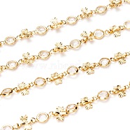 Handmade Brass Link Chains, with Glass and Spool, Long-lasting Plated, Unwelded, Heart, Golden, Flat Round: 10x5.5x2mm, Heart: 6x6x2mm, about 32.8 Feet(10m)/roll(CHC-I036-34G)