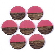 Transparent Resin & Walnut Wood Pendants, Flat Round, Fuchsia, 28.5x3.5~4mm, Hole: 1.5mm(RESI-S358-02B-H49)