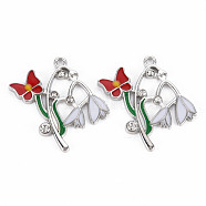 Alloy Pendants, with Enamel and Rhinestone, Platinum, Butterfly with Flower, Red, 31x29x3mm, Hole: 2mm(PALLOY-N153-09-RS)