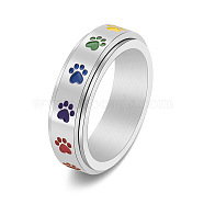 Rainbow Color Pride Flag Enamel Dog Paw Print Rotating Ring, Stainless Steel Fidge Spinner Ring for Stress Anxiety Relief, Stainless Steel Color, US Size 7(17.3mm)(RABO-PW0001-040C)