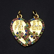 Alloy Rhinestone Pendants, with Jump Ring, Heart with Word Best Friend, Golden, Colorful, Single Heart: 23x12x2mm, Hole: 3mm(PALLOY-S098-JN938-2)