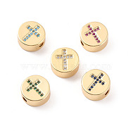 Rack Plating Brass Micro Pave Cubic Zirconia Beads, Cadmium Free & Lead Free, Real 18K Gold Plated, Flat Round with Cross Pattern, Mixed Color, 11x5mm, Hole: 2mm(ZIRC-C035-19G)