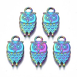 304 Stainless Steel Pendants, Cadmium Free & Nickel Free & Lead Free, Owl, Rainbow Color, 18.5x10x2mm, Hole: 2.5mm(STAS-S119-074)